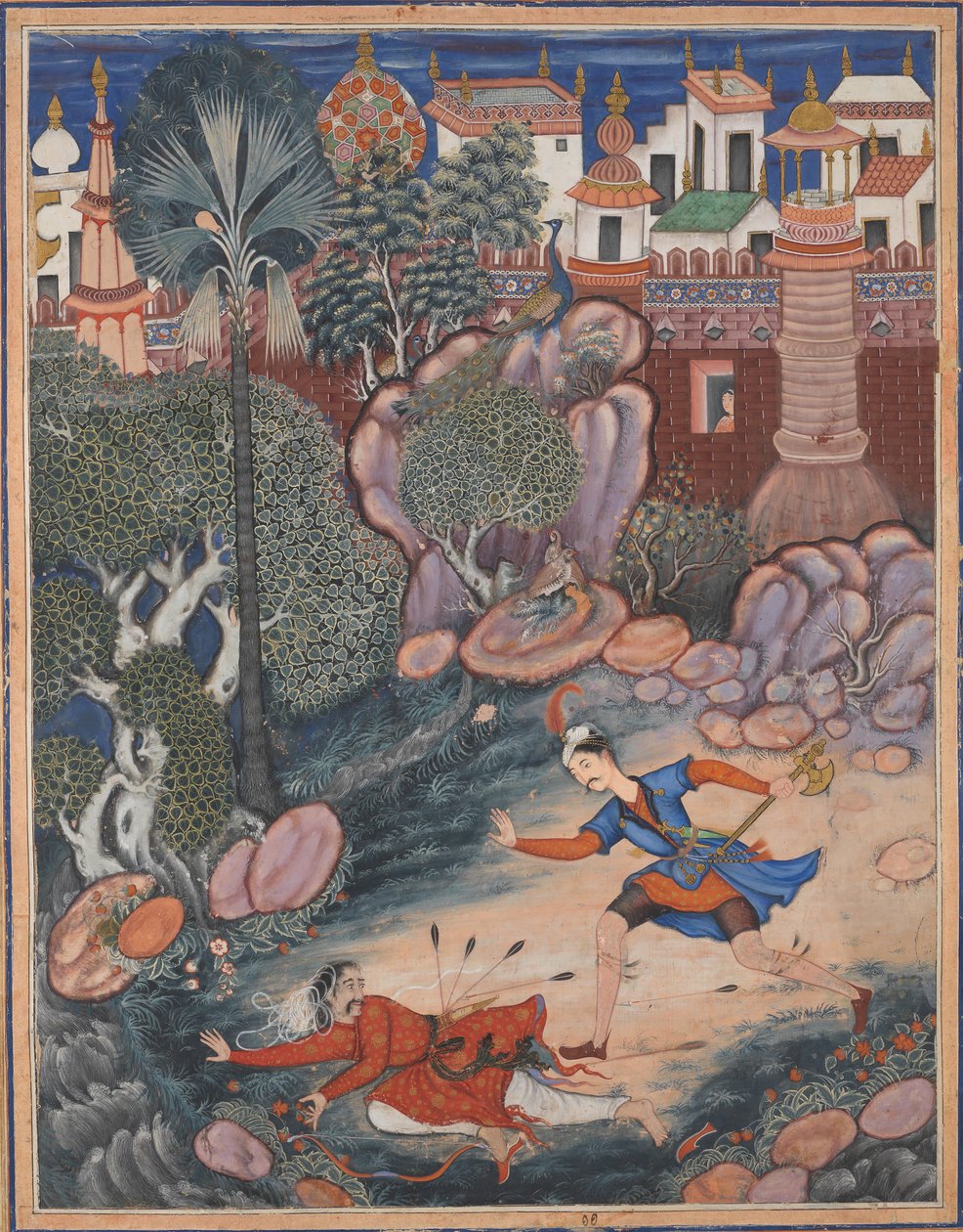 Umar går rundt Fulad Castle, møter en fotsoldat og sparker ham til bakken..., ca. 1570. av Kesav Das