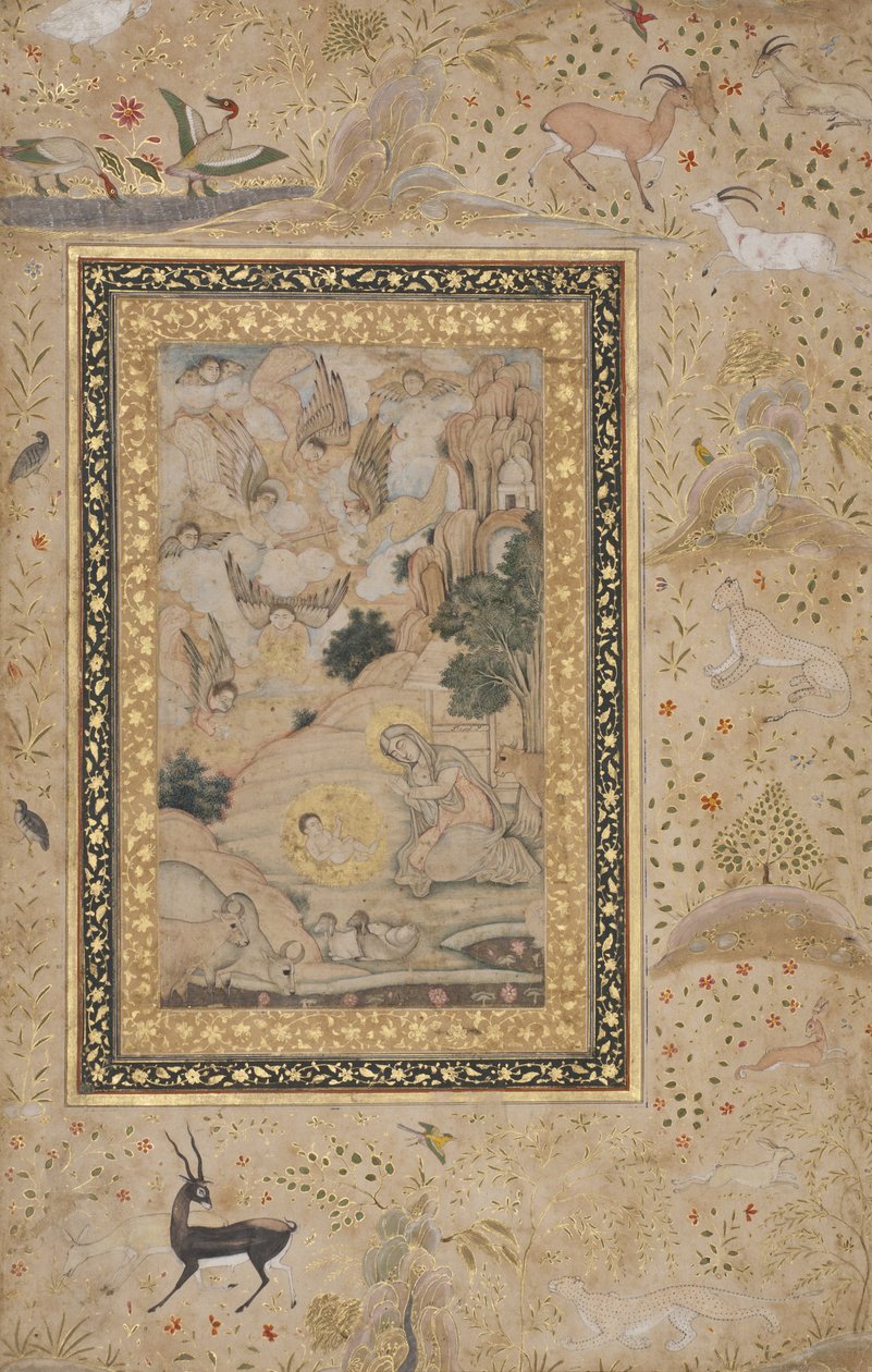 Jomfru Maria forguder Kristusbarnet, ca. 1620-30 (ugjennomsiktig wc og gull på papir) av Kesu Das