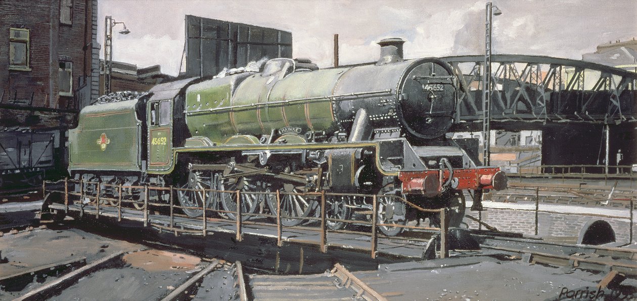 Jubilee Turnaround, Hawke 45652 Jubilee Class Lokomotiv på Camden platespiller, London av Kevin Guild of Railway Artist Parrish