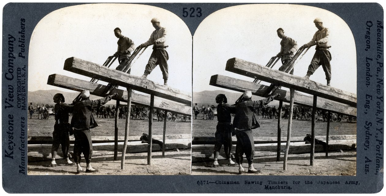 Kinesiske menn som sager tømmer for den japanske hæren, Manchuria, russisk-japansk krig, 1904-1905. av Keystone View Company