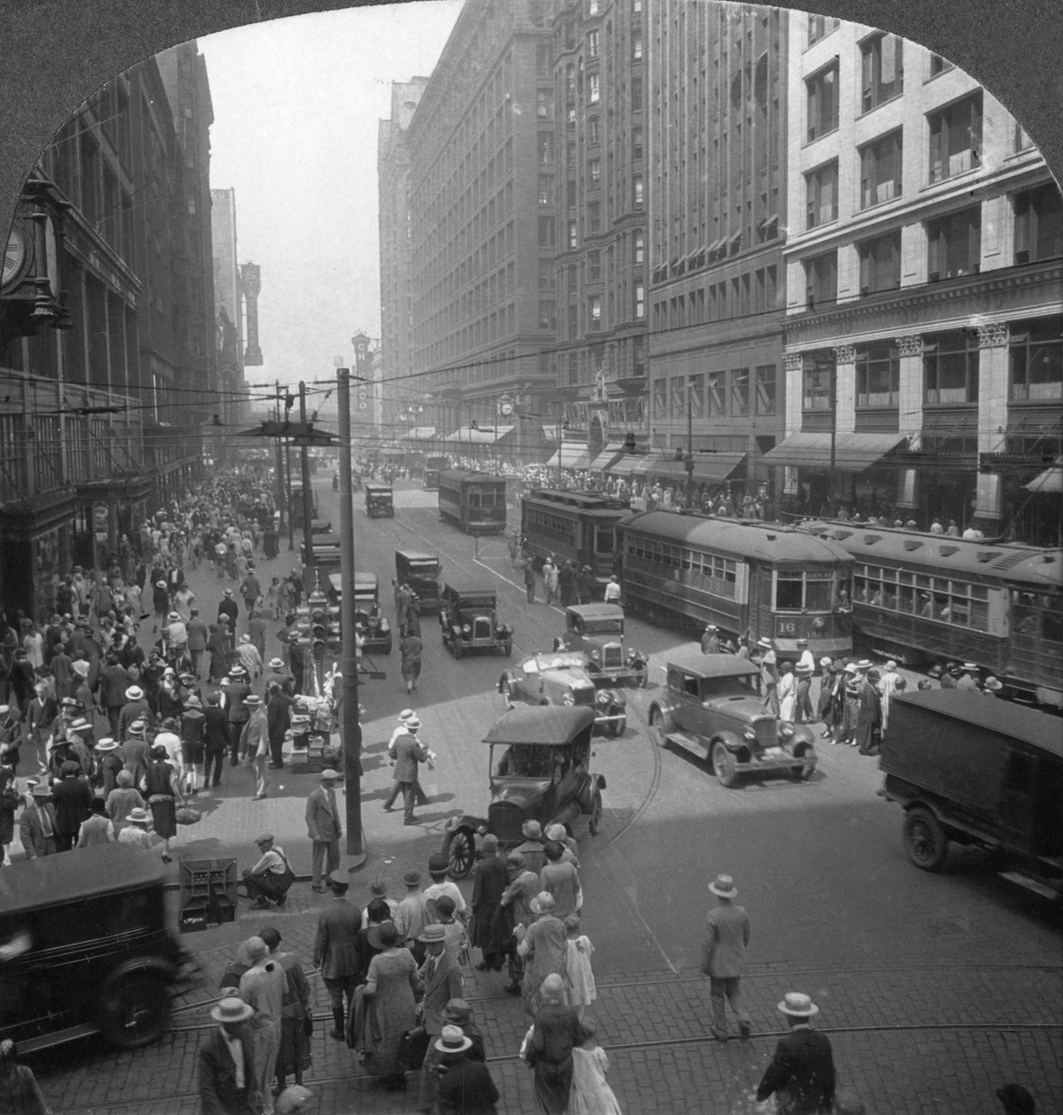 I hjertet av shoppingdistriktet på State Street, Chicago, Illinois, USA, tidlig på 1900-tallet av Keystone View Company