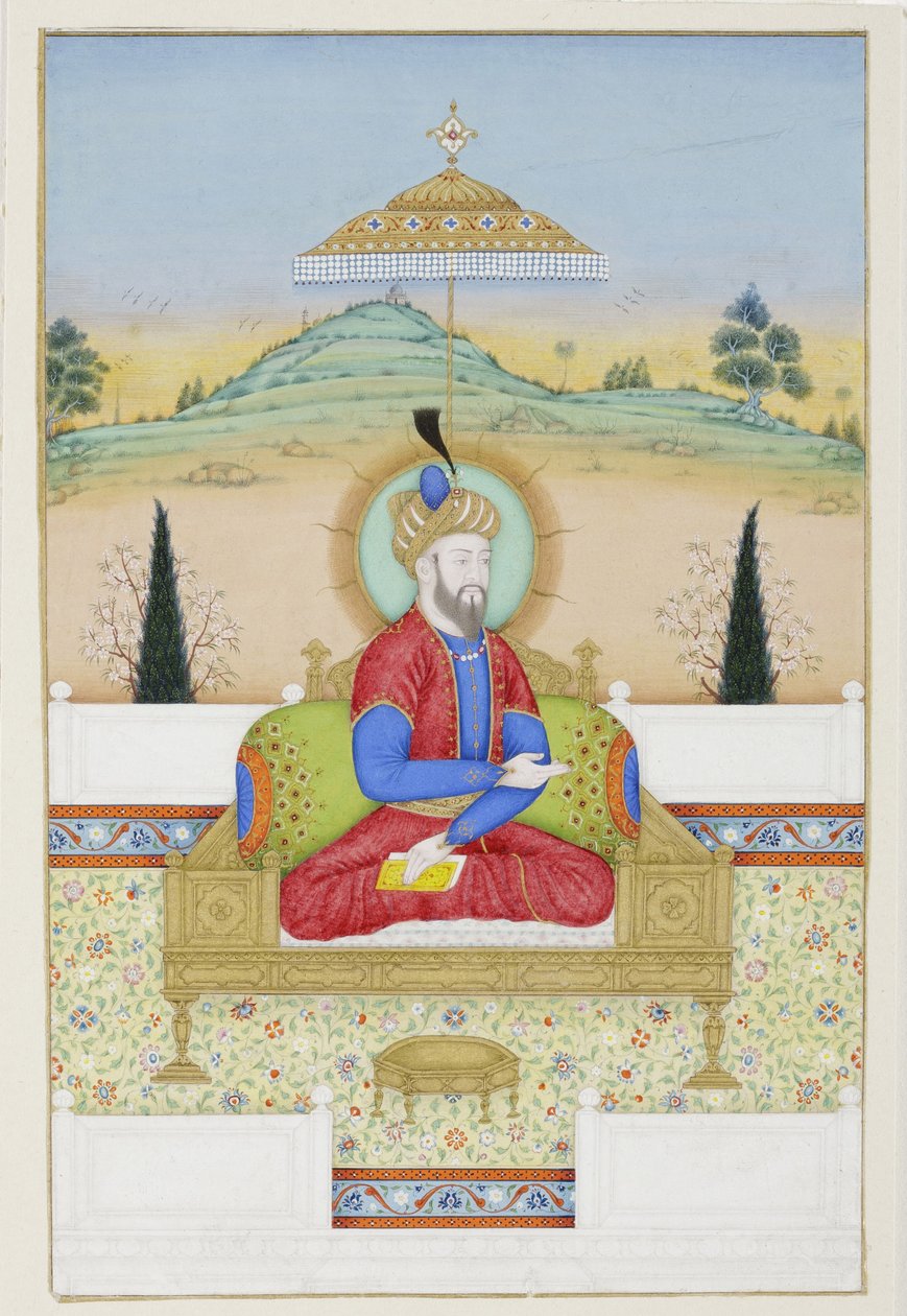 Babur tronet, ca. 1720 (ugjennomsiktig wc og gull på papir) av Khair Ullah