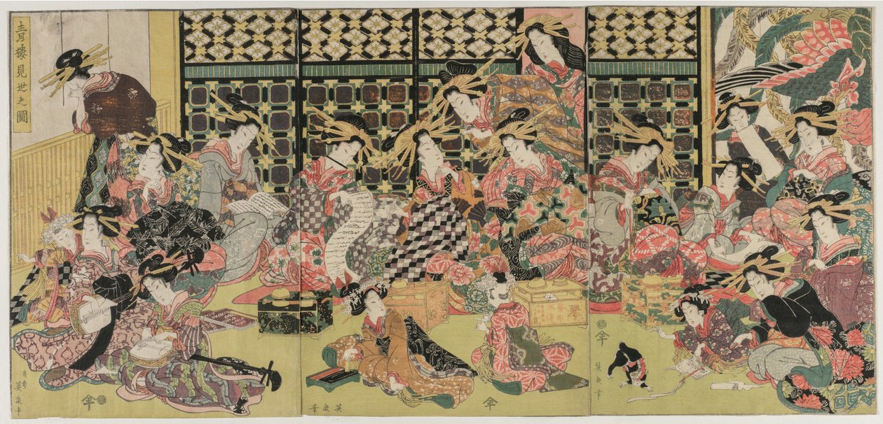 Et bilde av visningen i Pleasure Quarters, 1810-tallet. av Kikugawa Eizan