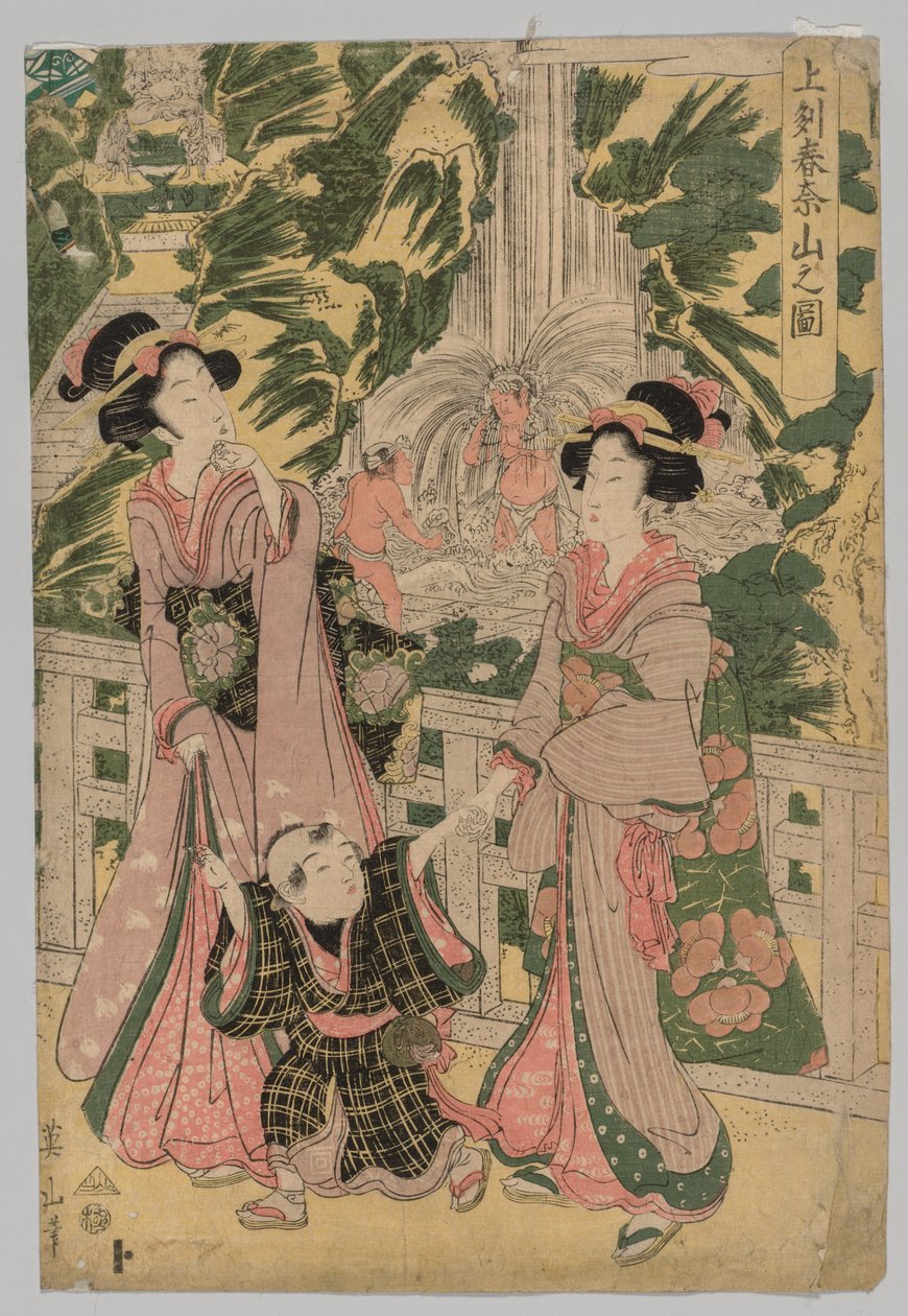 To jenter og barn på Temple Bridge, 1787-1867. av Kikugawa Eizan
