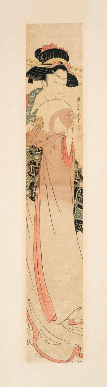 Skjønnhet som holder en vifte, ca. 1805-10 (treblokk) av Kikukawa Eizan