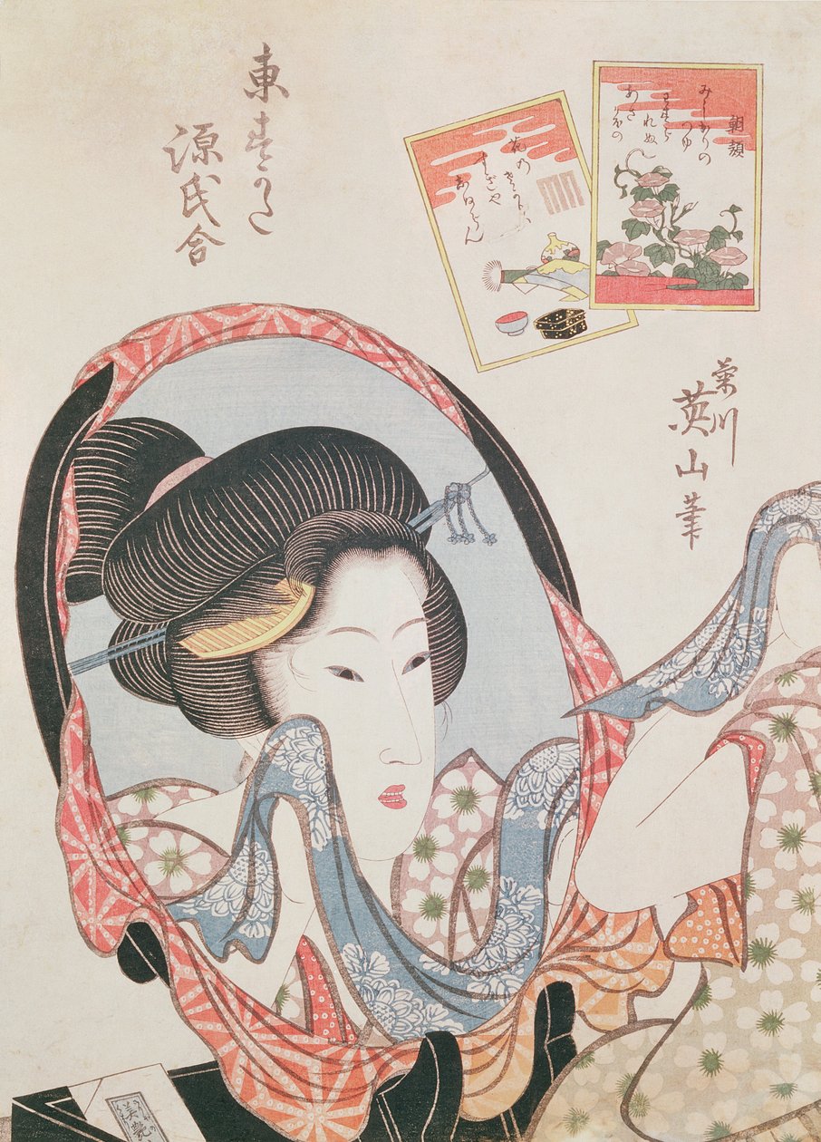 Woman at her Mirror, publisert ca. 1830 (oban-størrelse farge treblokktrykk) av Kikukawa Eizan