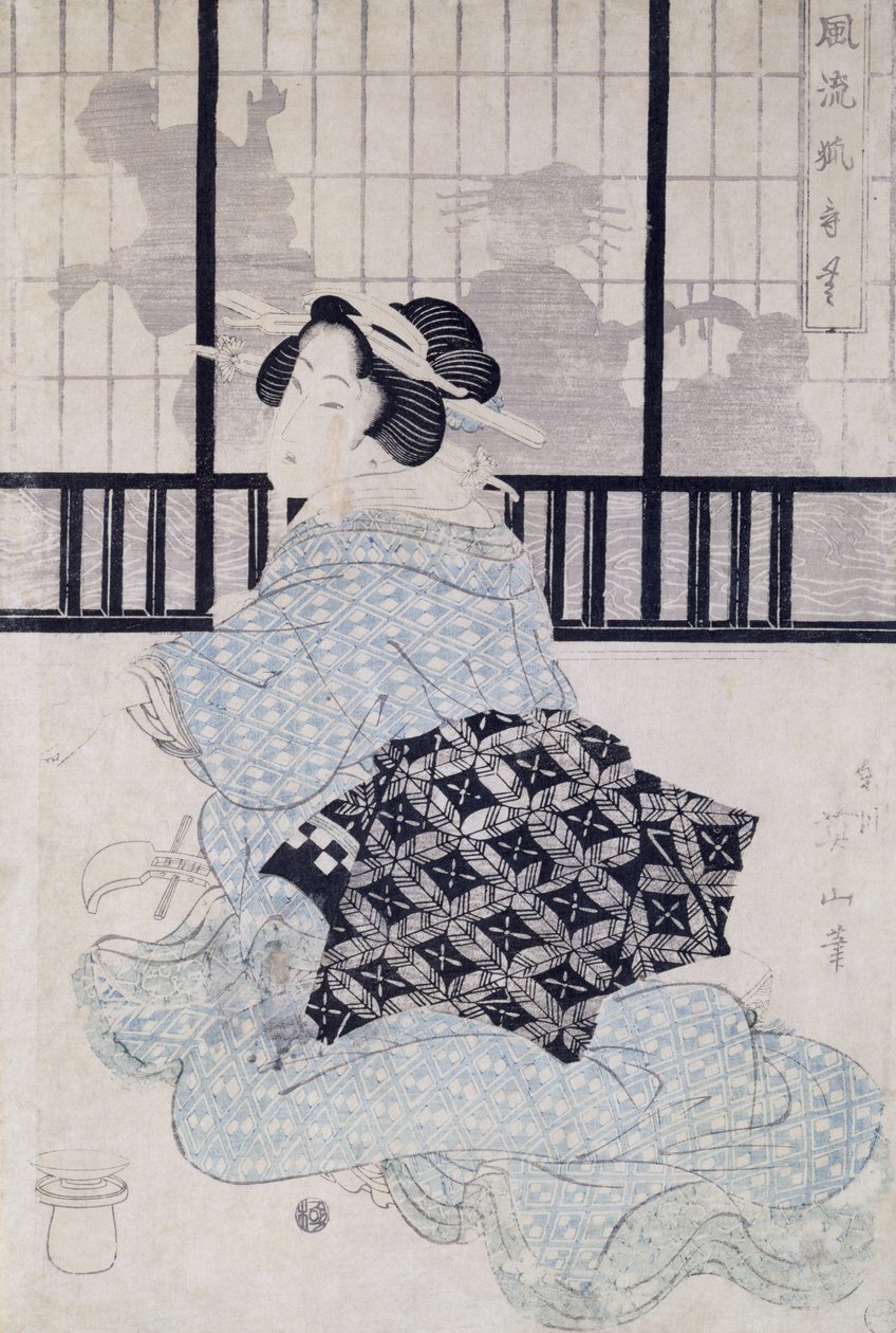 En Courtisan med en Shamisen (farget treblokktrykk) av Kikukawa Eizan