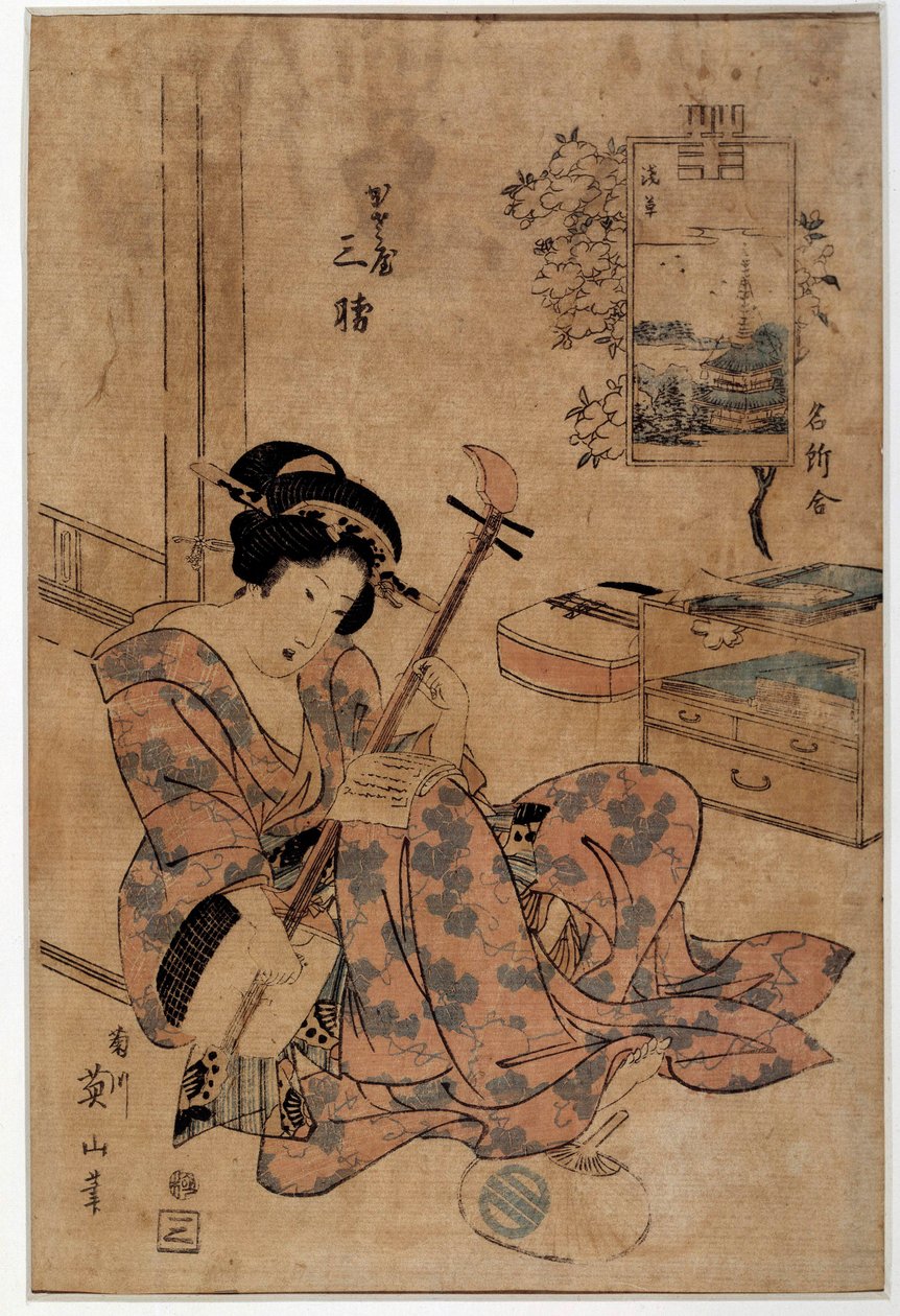Art japan: musiker. Trykk av Eizan Kikugawa (1787-1867) Rennes fra 1700-tallet, Musee des Beaux Arts av Kikukawa Eizan