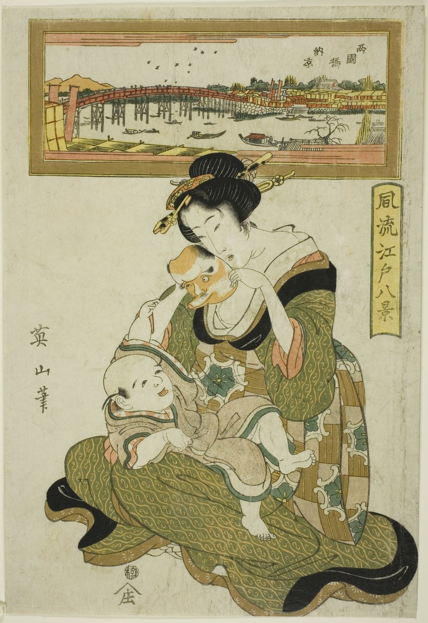 Enjoying the Evening Cool at Ryogoku Bridge (Ryogokubashi noryo), fra serien "Fashionable Eight Views of Edo (Furyu Edo hakkei)" av Kikukawa Eizan