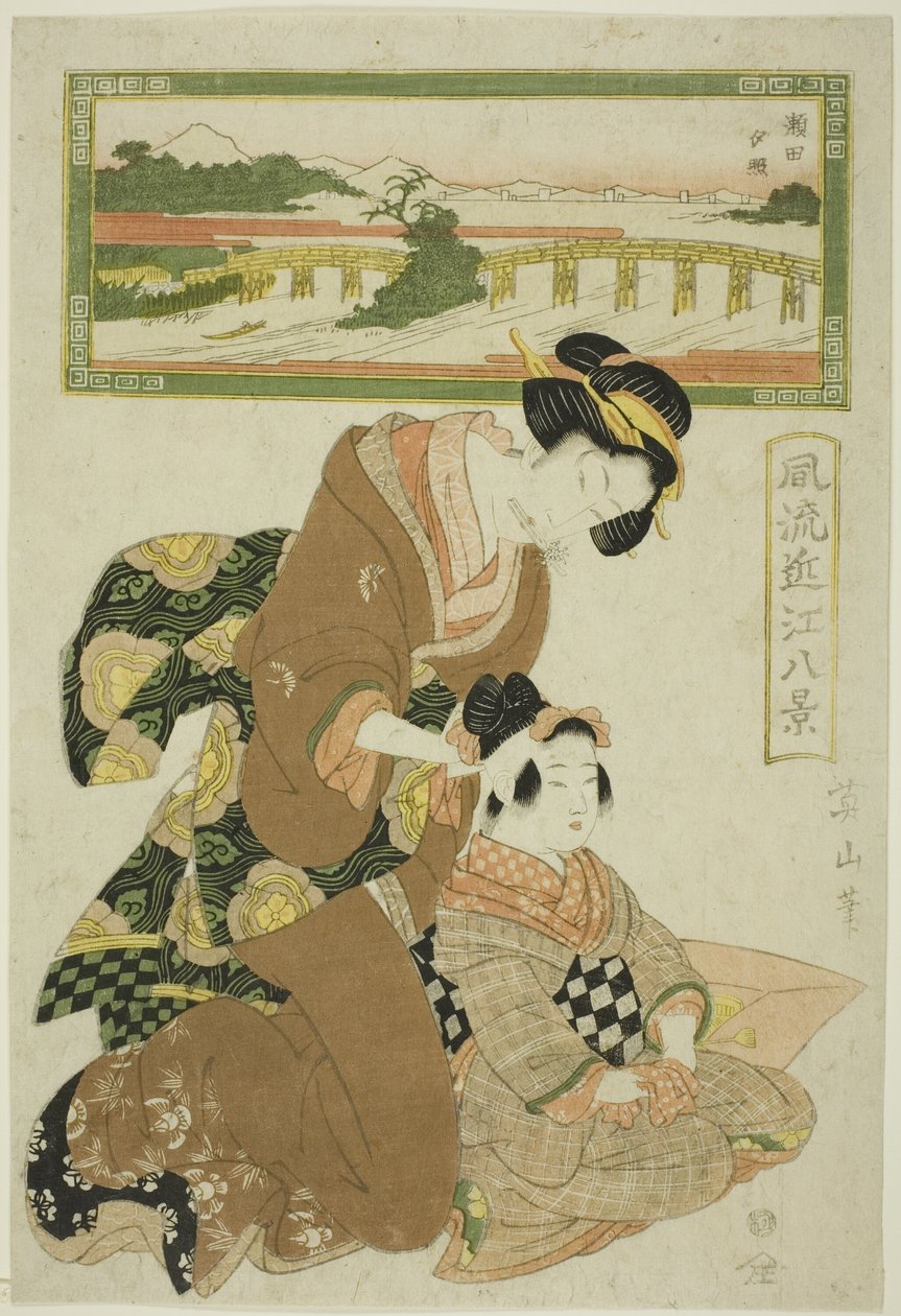 Evening Glow at Seta (Seta sekisho), fra serien "Fashionable Eight Views of Omi (Furyu Omi hakkei)" av Kikukawa Eizan