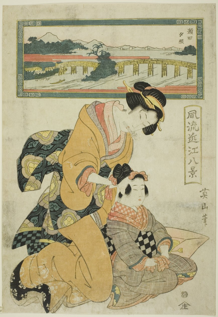 Evening Glow at Seta (Seta sekisho), fra serien "Fashionable Eight Views of Omi (Furyu Omi hakkei)" av Kikukawa Eizan