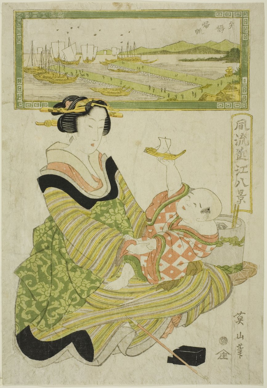 Returning Sails at Yabase (Yabase kihan), fra serien "Fashionable Eight Views of Omi (Furyu Omi hakkei)" av Kikukawa Eizan