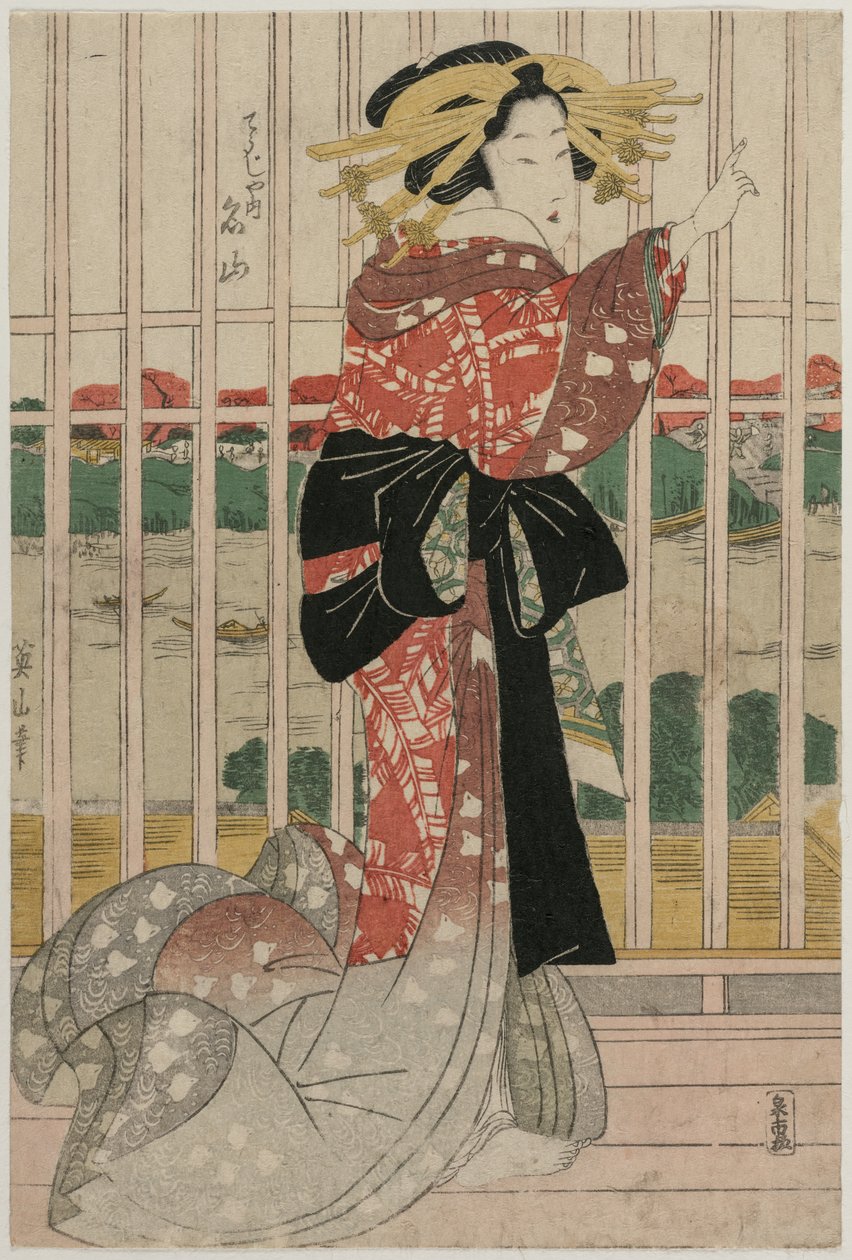 Courtesan Meizan fra Chojiya på en balkong med utsikt over Sumida-elven av Kikukawa Eizan
