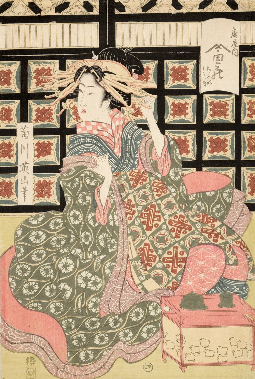 Ukiyo-e Print of Courtesan av Eizan, ca. 1810 (farget treblokktrykk) av Kikukawa Eizan