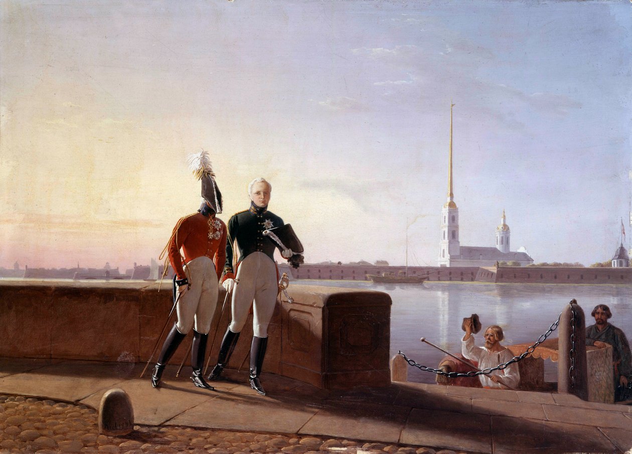 Den russiske tsaren Alexander I (1777-1825) og hans bror Konstantin på kanten av Neva-maleriet av Kil (1800-tallet) Eremitagemuseet, St. Petersburg av Kil