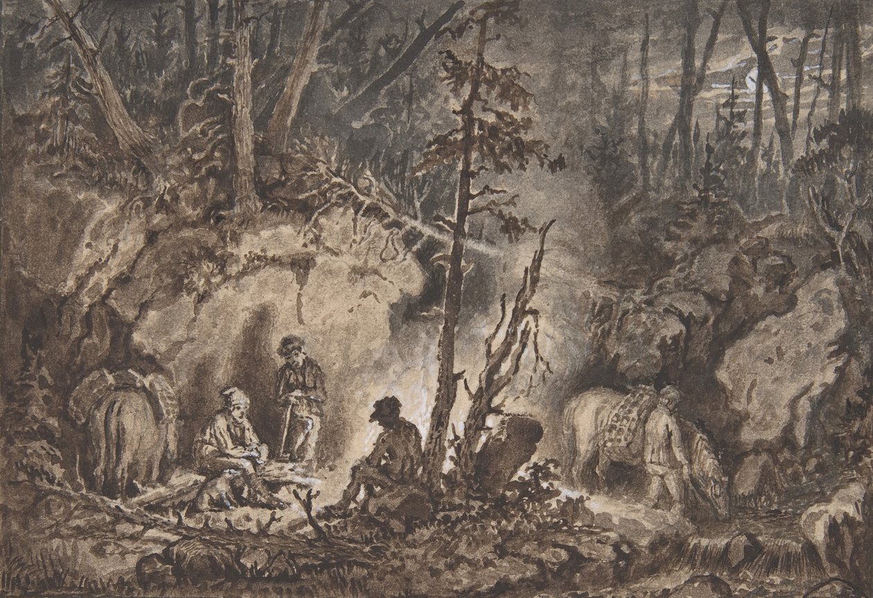 Jegere hviler i en skog om natten, 1830-60. av Kilian Christoffer Zoll