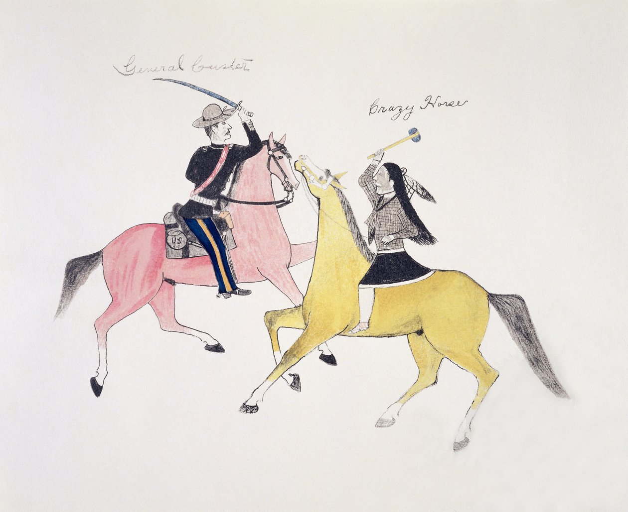 Symbolsk skildring av konflikten mellom indianerne og de hvite representert av deres to mest kjente ledere, General Custer og Crazy Horse (pigment på lerret) av Kills Two