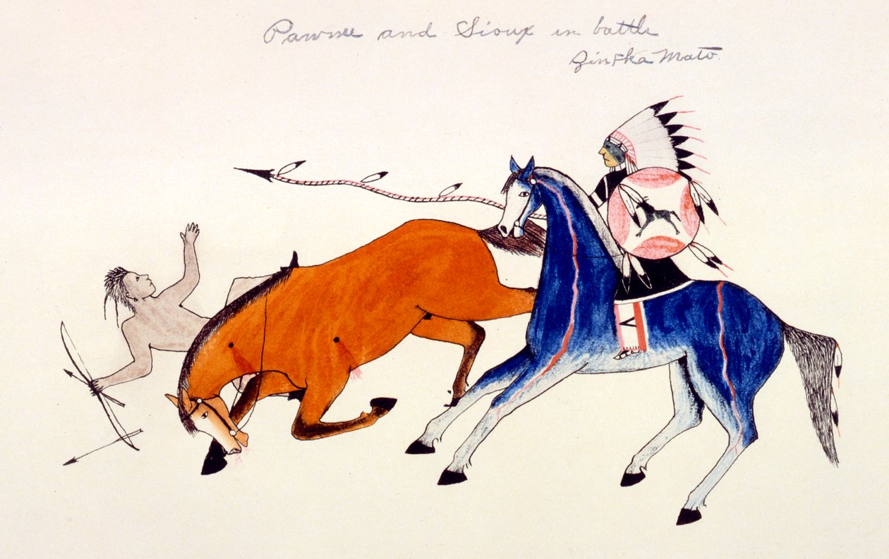 Unhorsing of a Pawnee warrior av Dakota Sioux-kriger Zintka Mato Dog Bear, c1889-1927. av Kills Two