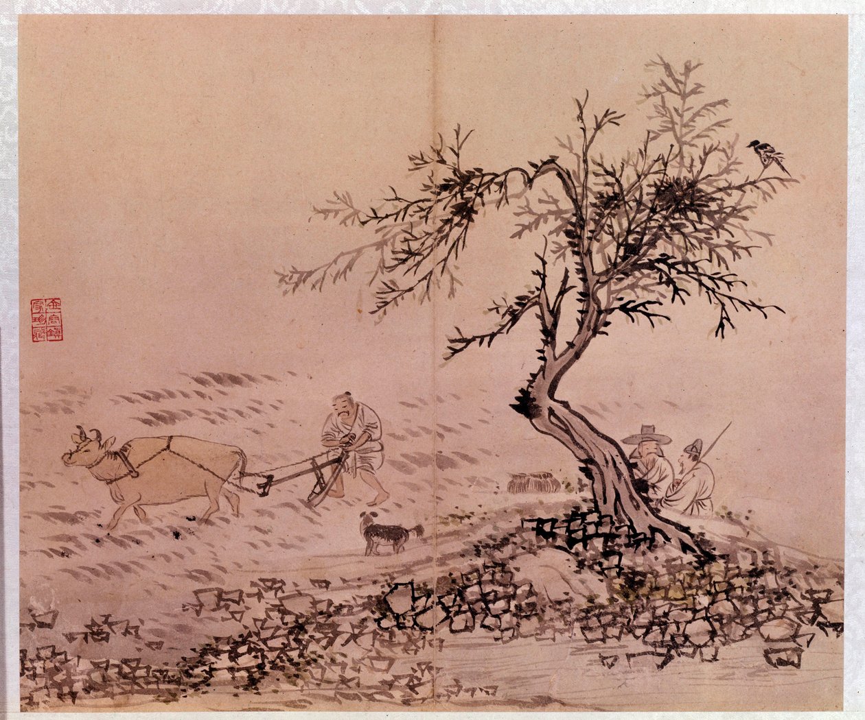 Art coreen: scene de plowing. Trykk av Kim Hong-do (Kim Hong Do) eller Danwon (1745-ca. 1806) av Kim Hong Do