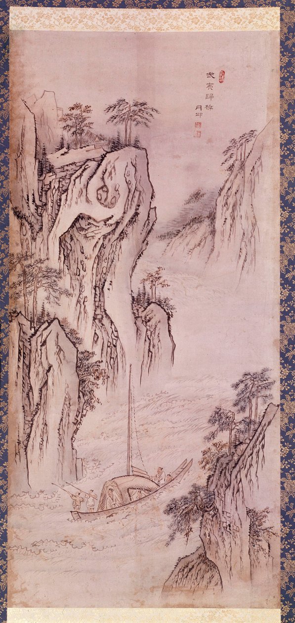 Art coreen: returen til Mu-i. Kjernelandskap med båt og bratt klippe. Trykk av Kim Hong do eller Danwon (1745-ca. 1806). 1760. Hyung Pil Chun Samling. av Kim Hong Do