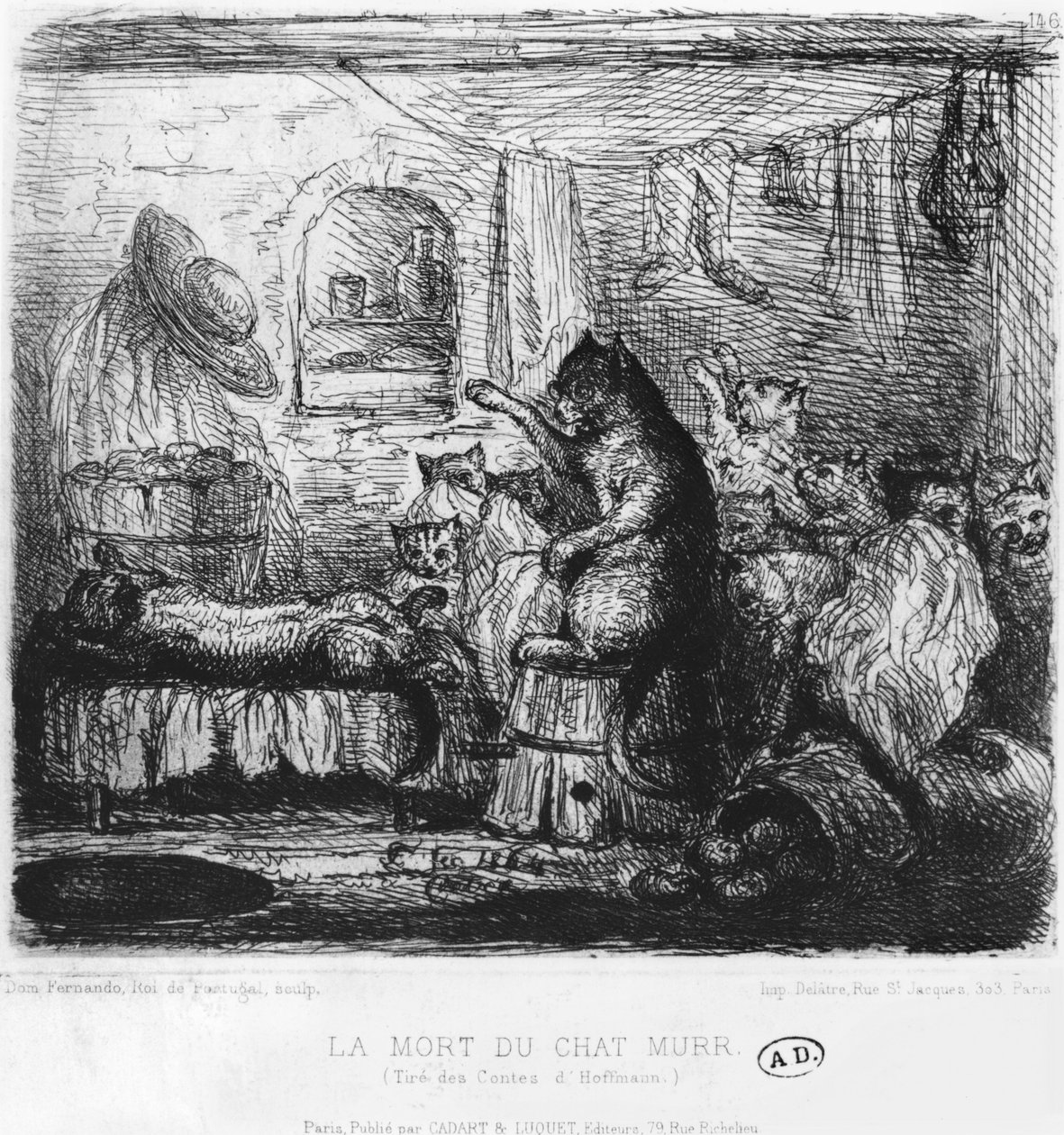 Death of Cat Murr, illustrasjon fra Die Lebensansichten des Katers Murr av Ernst Theodor Amadeus Hoffmann (1776-1822) publisert 1820-22 av King of Portugal Fernando II