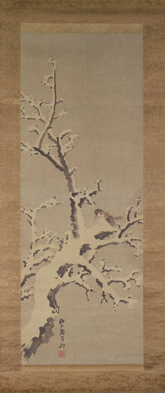 Spurv på et tre i snøstorm, ca. 1800 (farge på papir) av Kishi Ganku