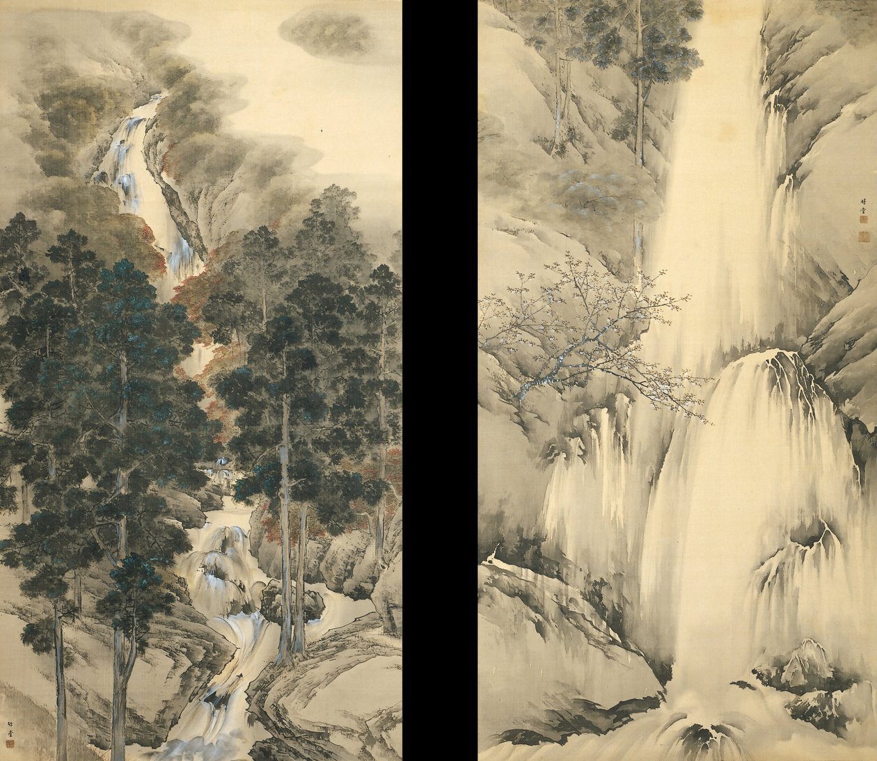Foss om vår og høst Sett med to hengende ruller, 1893 av Kishi Chikudo