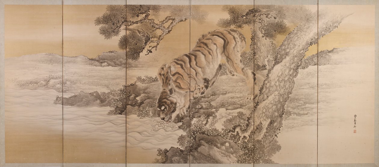 Seksdelt skjerm som viser en drikkende tiger, 1749-1838 av Kishi Ganku