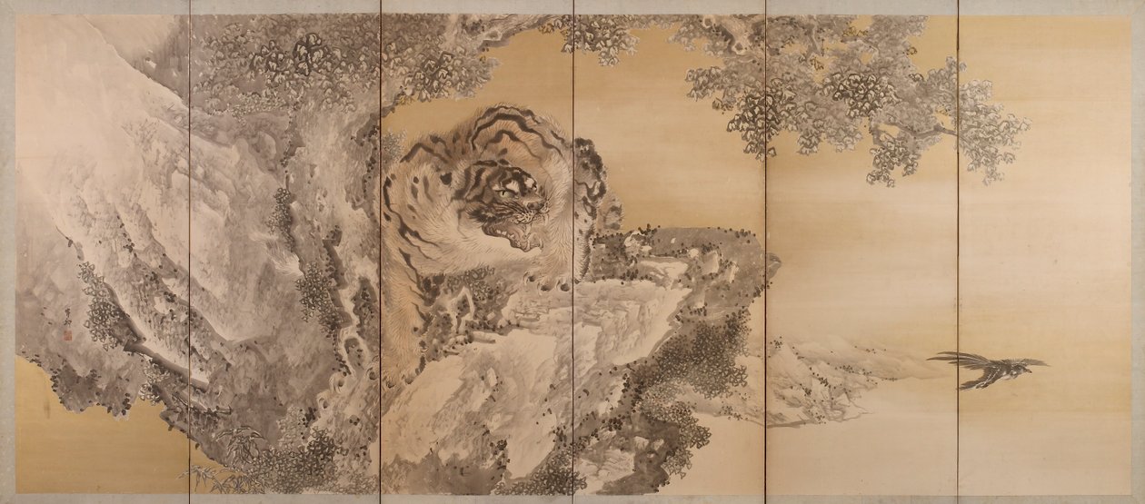 Seksdelt skjerm som viser en brølende tiger, 1749-1838 av Kishi Ganku