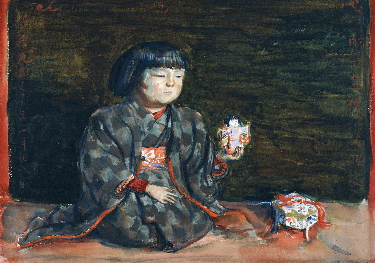 Sittende portrett av Reiko med en dukke av Kishida Ryusei