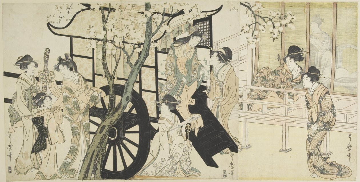 (Se på kirsebærblomster sammenlignet med en keiserlig vognscene), ca. 1798 av Kitagawa Utamaro