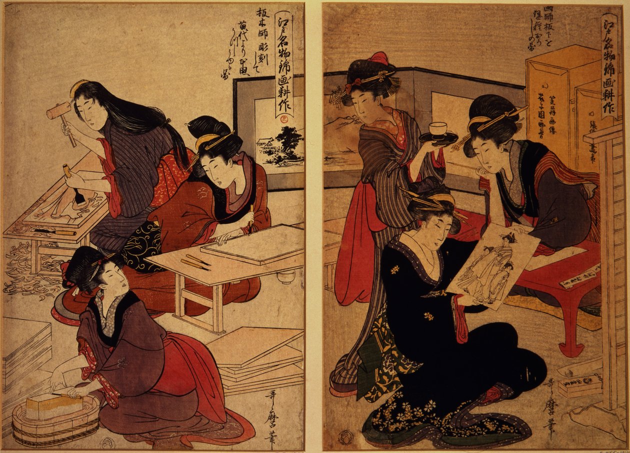 Håndverkere som lager et tresnitt, ca. 1857 (farget treblokk) av Kitagawa Utamaro