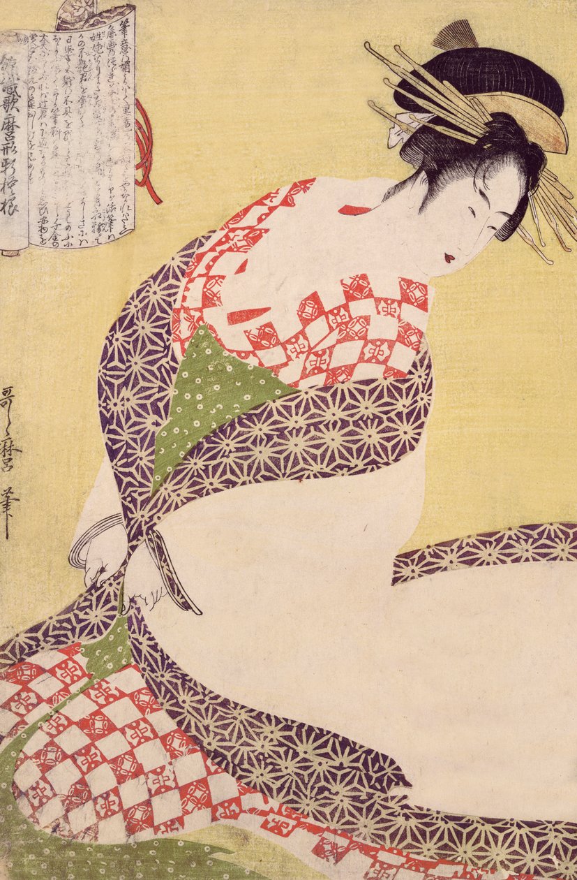 Courtesane knelende av Kitagawa Utamaro