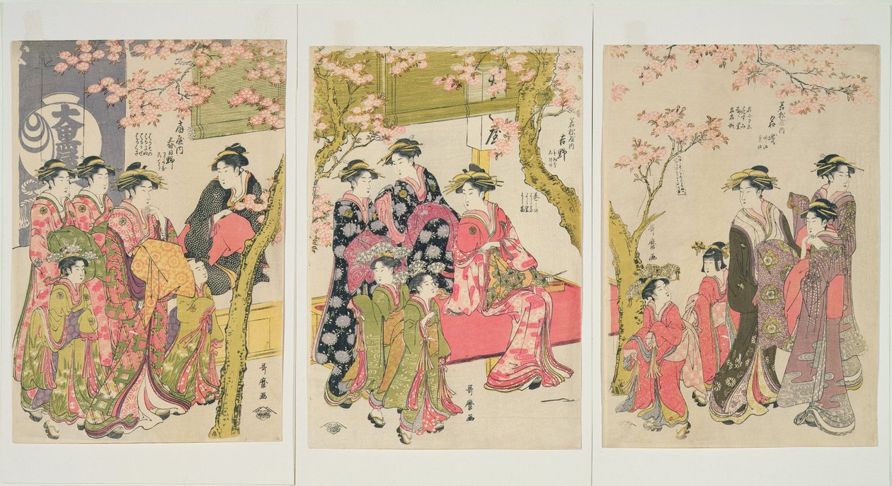 Kurtisaner som rusler under kirsebærtrær før Daiko, ca. 1789 (oban tate-e triptych treblokktrykk, farge på papir) (for detaljer se 253486) av Kitagawa Utamaro