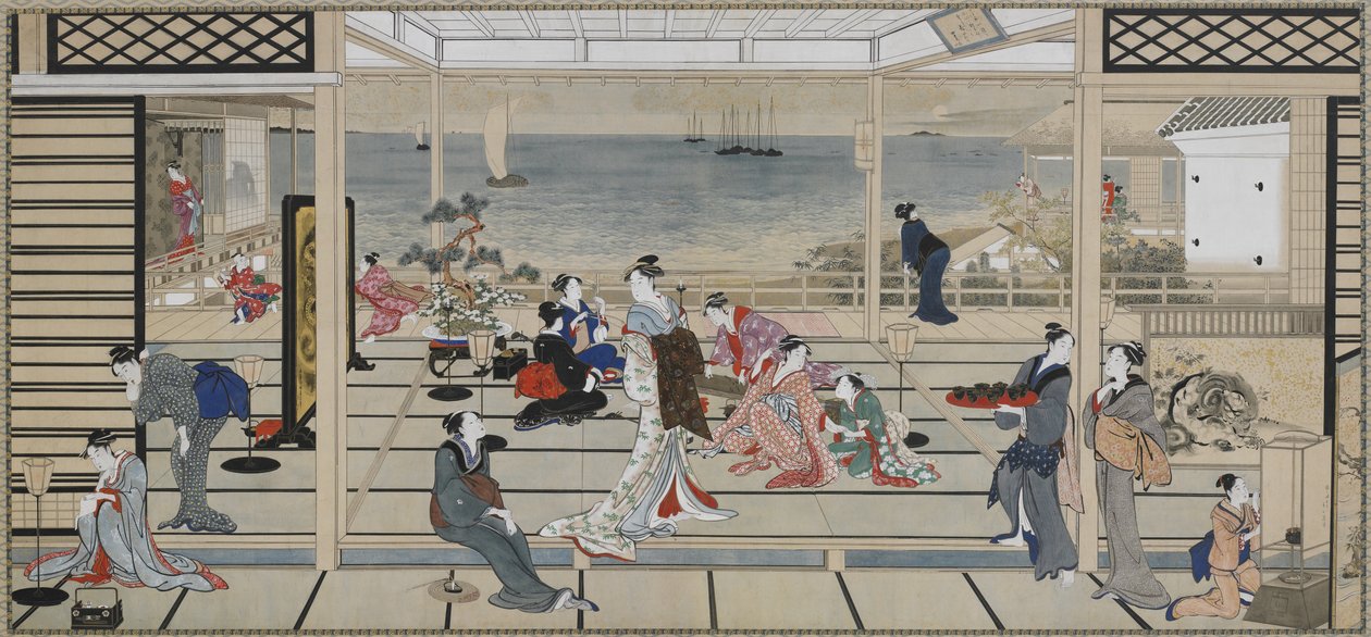Moonlight Revelry ved Dozo Sagami, Edo-perioden, slutten av 1700-begynnelsen av 1800-tallet (blekk og farge på papir) av Kitagawa Utamaro