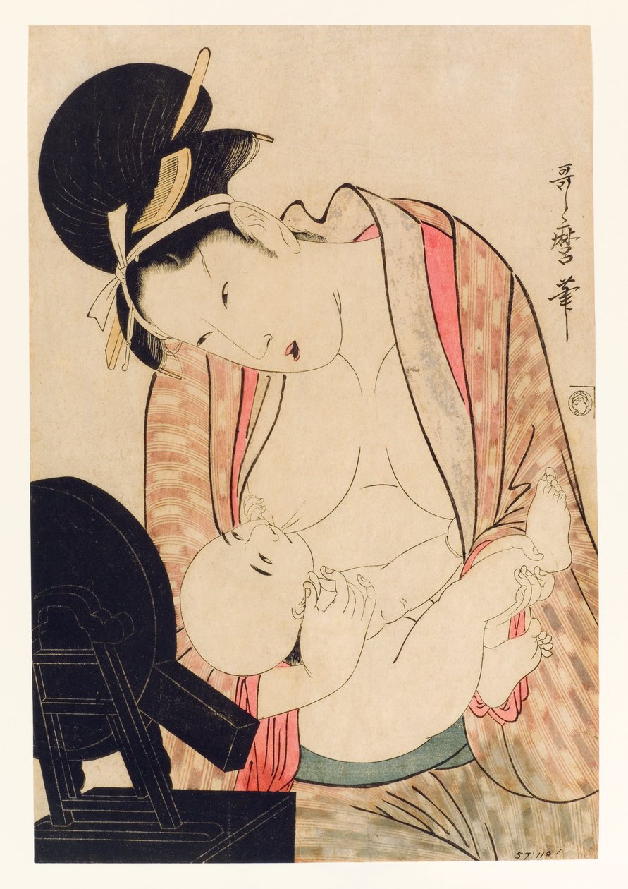 Mor som ammer barnet sitt foran et speilstativ, ca. 1800-04 (treblokk) av Kitagawa Utamaro