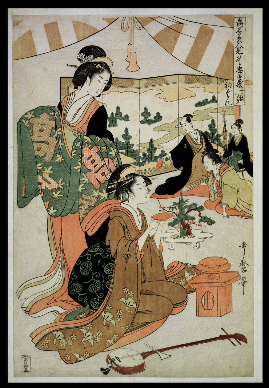 S.348-1945 Scene 1, Sammenligning av berømte skjønnheter og den lojale ligaen, ca. 1797 (treblokktrykk i farger) av Kitagawa Utamaro