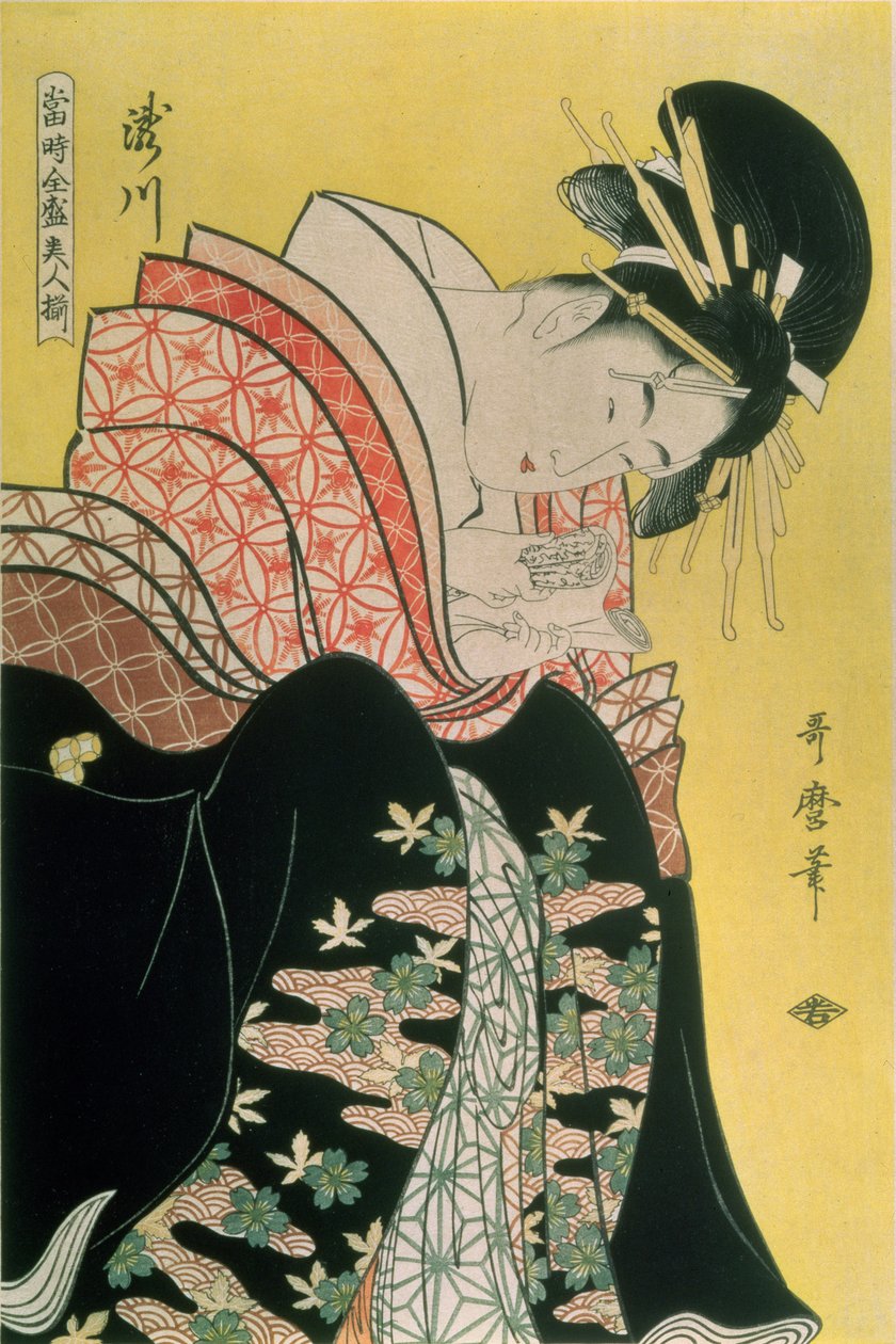 Takigawa fra Tea-House, Ogi (farget treblokktrykk) av Kitagawa Utamaro