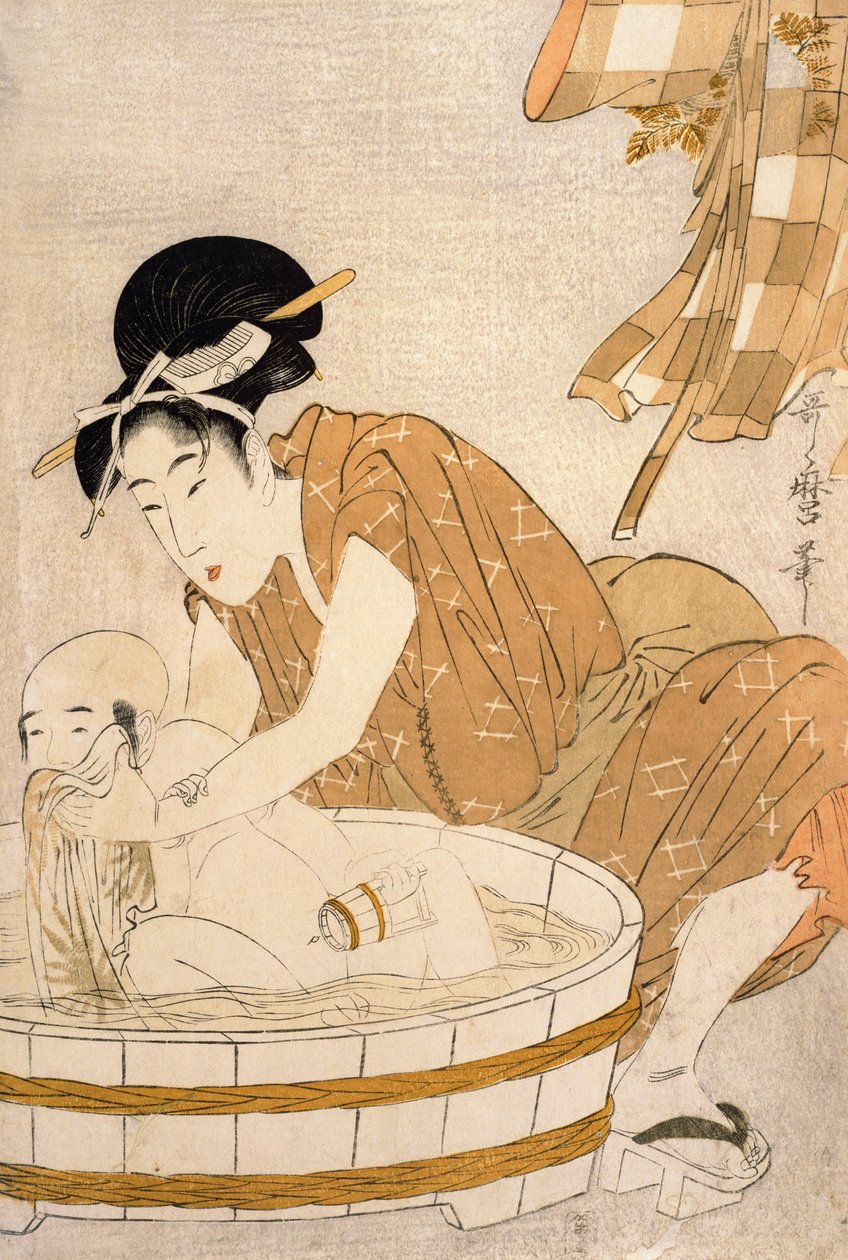 The Bath, Edo-perioden (1603-1868) (farget treblokktrykk) av Kitagawa Utamaro