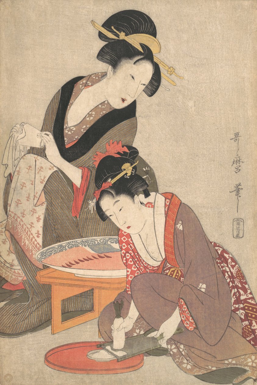 Kvinne som forbereder sashimi, ca. 1806 av Kitagawa Utamaro