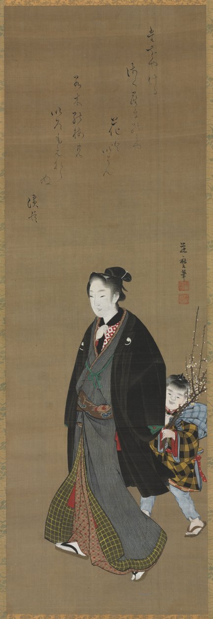 Mann som rusler med en gutt som bærer blomstrende gren, ca. 1810. av Kitagawa Fujimaro