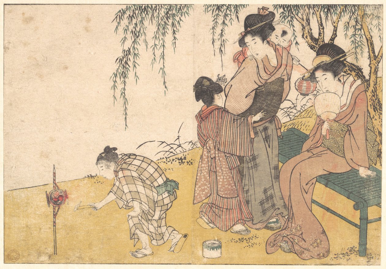 Et barn som tenner fyrverkeri, fra den illustrerte boken Blomster fra de fire årstidene av Kitagawa Utamaro