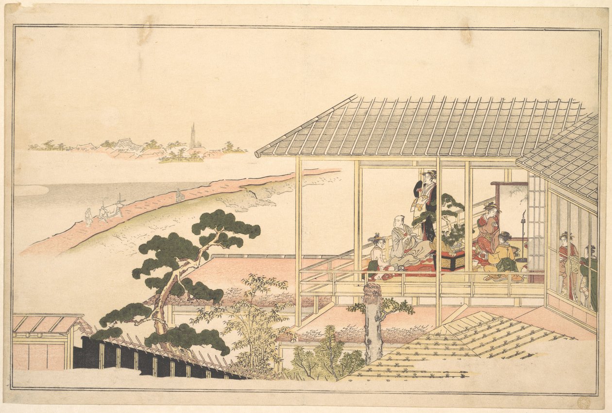 Et selskap av festglade mennesker i et hus i Yoshiwara på en måneskinnsnatt av Kitagawa Utamaro