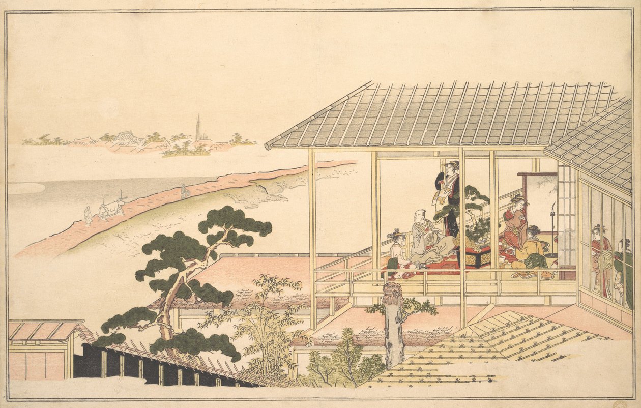 Et parti av glade mennesker i et hus i Yoshiwara på en måneskinnsnatt, 1789. av Kitagawa Utamaro