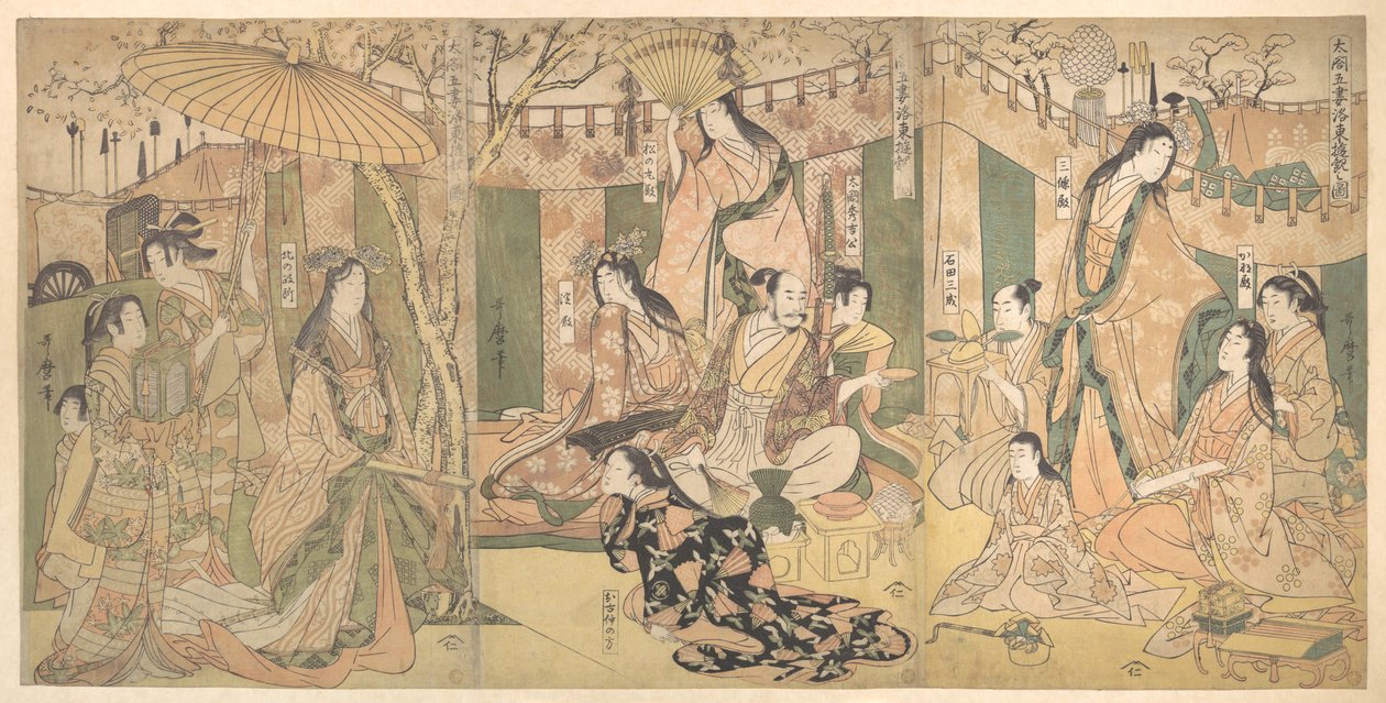 En skildring av Taikos og hans fem hustruers fornøyelser i Rakutō av Kitagawa Utamaro