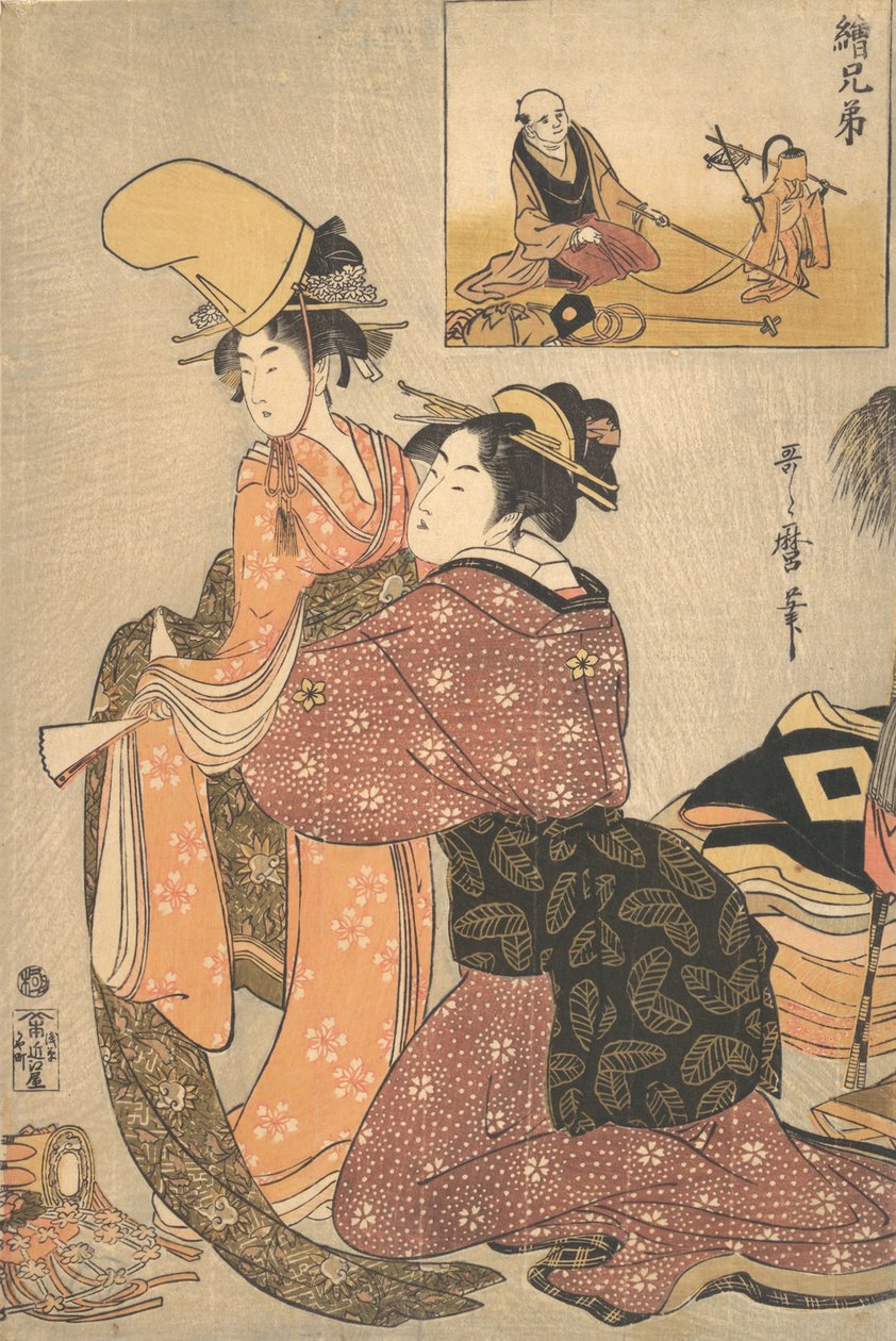 En kvinne som kler en jente for en Kabuki-dans «Musume Dojoji..., ca. 1795-96. av Kitagawa Utamaro