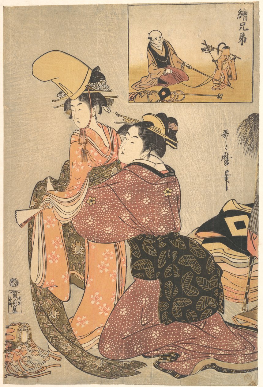 En kvinne kler en jente til kabuki-dansen «Musume Dōjōji», med et «brorbilde» (E-kyōdai) av en apetrener av Kitagawa Utamaro