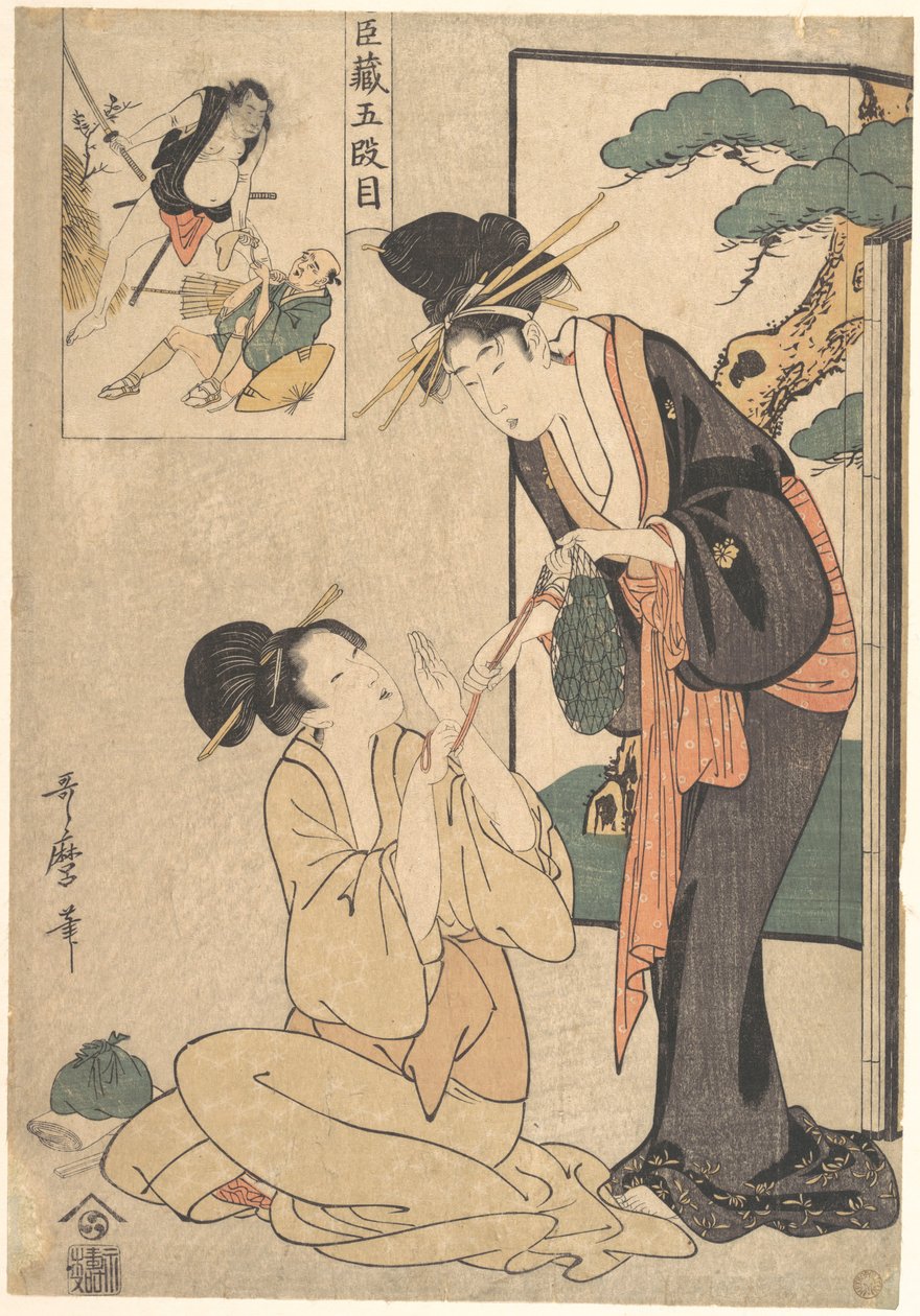 En kvinne som river en pose med søtsaker fra moren sin av Kitagawa Utamaro