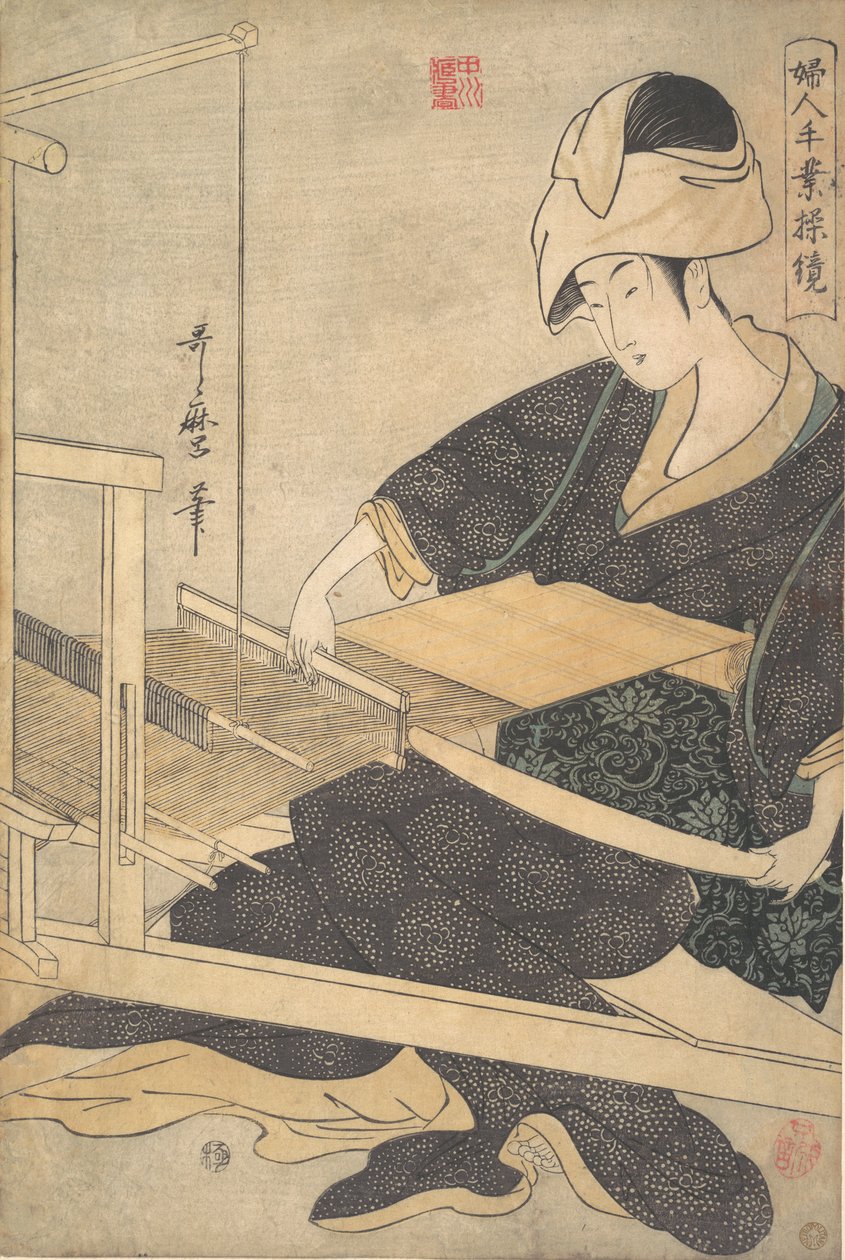 En kvinne som vever, sittende ved en håndvevstol, ca. 1796. av Kitagawa Utamaro