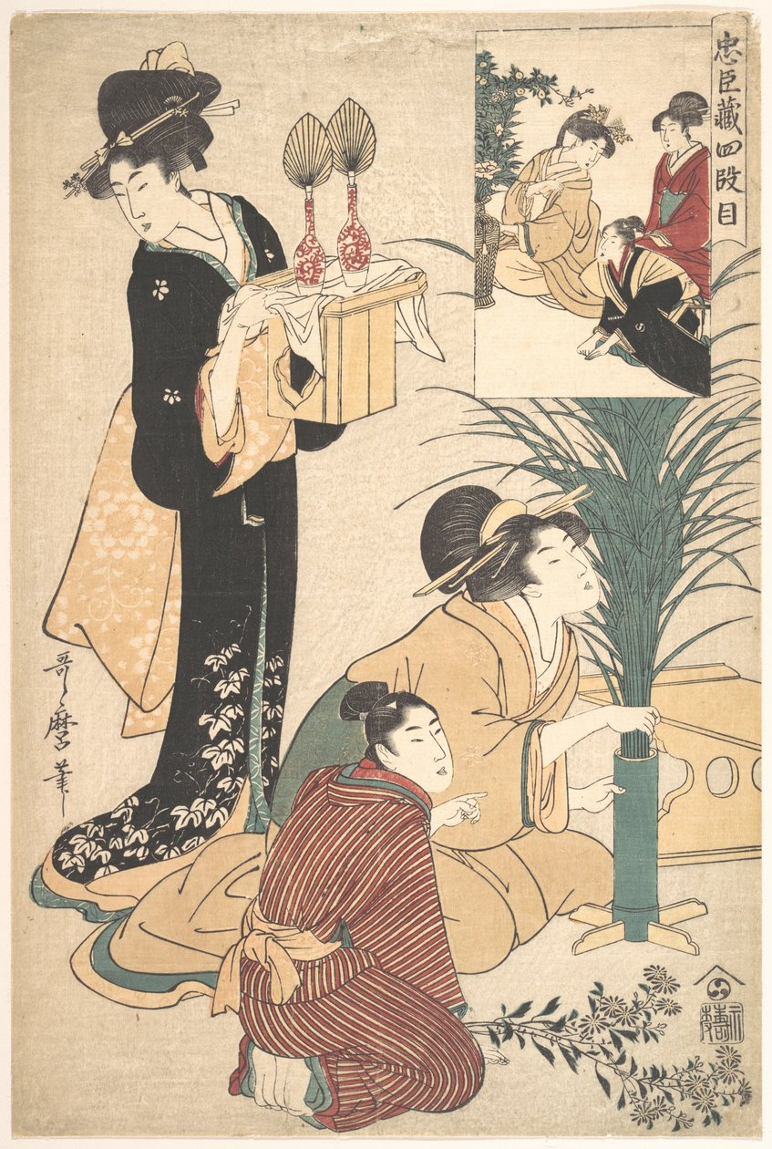 En kvinne og en mann arrangerer blomster til Tsukimi (månefestivalen) av Kitagawa Utamaro